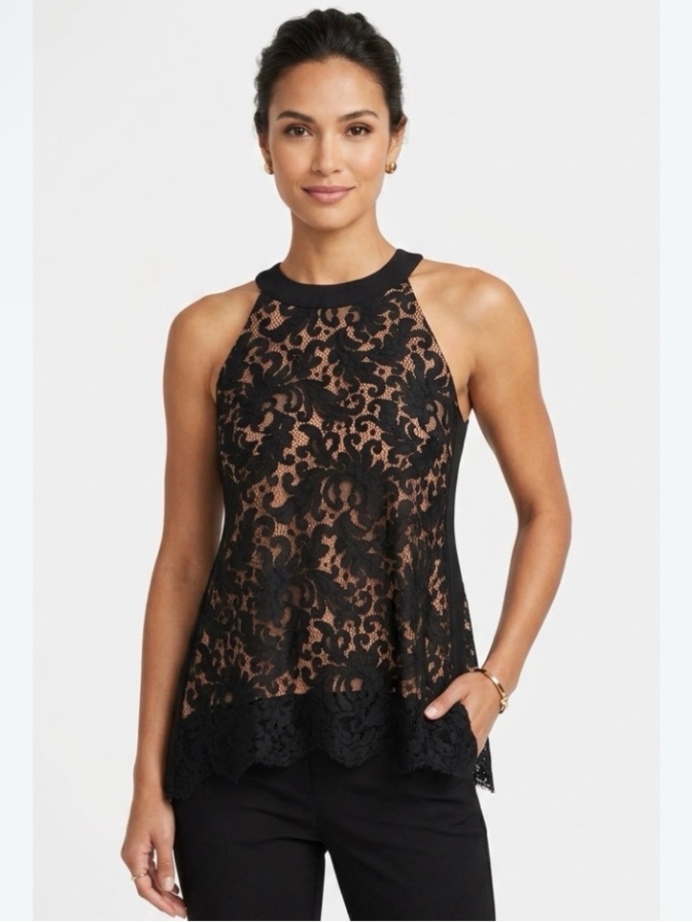 New York & Company 7th Avenue Black Lace Halter Camisole with Nude Underlay NWT